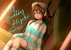 Rule 34 | 1girl, 2022, aqua eyes, artist name, artist request, bare legs, bed, bedroom, blue eyes, blush, bow, breasts, brown hair, dated, door, female focus, hair between eyes, hair bow, hair over shoulder, hairband, highres, indoors, jacket, long hair, looking at viewer, love live!, love live! nijigasaki high school idol club, nail, nail polish, on bed, osaka shizuku, parted lips, pink nails, short shorts, shorts, sitting, small breasts, smile, solo, striped clothes, striped jacket, striped shorts, white bow, white hairband, white legwear, zipper