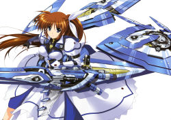 Rule 34 | 1girl, absurdres, arm strap, blue eyes, breasts, brown hair, dress, female focus, fighting stance, fingerless gloves, fortress (nanoha), glint, gloves, hair between eyes, hair ribbon, higa yukari, highres, long hair, looking at viewer, lyrical nanoha, mahou senki lyrical nanoha force, nyantype, official art, official wallpaper, puffy sleeves, ribbon, serious, shade, shadow, side ponytail, simple background, solo, sparkle, standing, takamachi nanoha, uniform, wallpaper, weapon, white background