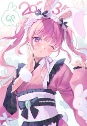Rule 34 | 1girl, 2023, animal ears, anoa, black bow, blush, bow, chinese zodiac, commentary request, ear bow, ear piercing, earrings, frilled sash, frilled sleeves, frills, head tilt, highres, japanese clothes, jewelry, kimono, long hair, long sleeves, looking at viewer, nail polish, obi, one eye closed, original, parted lips, piercing, pinching sleeves, pink hair, pink kimono, purple eyes, rabbit ears, sash, simple background, sleeves past wrists, solo, stuffed animal, stuffed rabbit, stuffed toy, twintails, upper body, very long hair, white background, white nails, wide sleeves, year of the rabbit