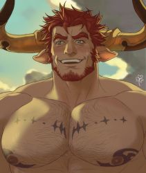 Rule 34 | 1boy, agielba, animal ears, bara, beard, blush, chest hair, close-up, dogandclover, draph, facial hair, granblue fantasy, green eyes, highres, horns, large pectorals, male focus, manly, muscular, nipples, pectorals, red hair, topless male, smile, solo, symbol-only commentary, tattoo, upper body