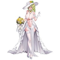 Rule 34 | 1girl, areola slip, arm strap, armband, blush, bouquet, bra, breasts, bridal veil, cleavage, collar, detached collar, drill hair, erato (last origin), flower, frilled armband, frills, gloves, green flower, green hair, green rose, hat, hat flower, heart, heart hands, high heels, highres, holding, holding bouquet, huge breasts, jewelry, kirome (kamipaper), lace, lace-trimmed legwear, lace trim, last origin, long skirt, looking at viewer, medium hair, navel, neck flower, necklace, official alternate costume, official art, open mouth, pelvic curtain, ponytail, purple eyes, ribbon, rose, see-through, showgirl skirt, simple background, skindentation, skirt, smile, solo, sun hat, thighhighs, thighs, transparent background, twin drills, underwear, veil, wedding, white collar, white footwear, white gloves, white headwear, white ribbon, white skirt, white thighhighs, wing collar, yellow flower, yellow rose