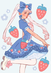Rule 34 | 1girl, absurdres, bag, blue background, blue bow, blue dress, blush, bow, dress, earrings, food print, hair bow, handbag, highres, jewelry, lipstick, lolita fashion, makeup, original, pantyhose, parted lips, pink bow, pink hair, polka dot, polka dot bow, puffy short sleeves, puffy sleeves, pupe (sennbee1027), short sleeves, skirt hold, solo, standing, standing on one leg, strawberry print, sweet lolita, twintails, white footwear, white pantyhose