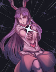 Rule 34 | 1girl, ;o, aiming, aiming at viewer, animal ears, extra ears, gun, legacy of lunatic kingdom, long hair, lunatic gun, mefomefo, necktie, one eye closed, open mouth, pink shirt, pink skirt, purple hair, rabbit ears, red eyes, red necktie, reisen udongein inaba, shirt, shoot, short sleeves, skirt, touhou, very long hair, weapon