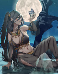 Rule 34 | 1girl, :d, absurdres, bare shoulders, bikini, black bikini, black hair, blush, breasts, cleavage, collarbone, crystal, dancer, detached sleeves, egyptian, feet out of frame, full moon, green eyes, hair between eyes, harem pants, highres, isemori, jewelry, large breasts, long hair, long sleeves, looking at viewer, moon, navel, necklace, night, night sky, one side up, open mouth, original, pants, see-through, sitting, sky, smile, solo, star (sky), starry sky, swimsuit, very long hair