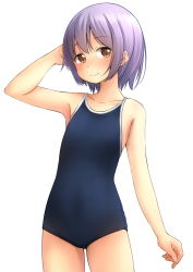 Rule 34 | 1girl, arm behind head, arm up, bare arms, bare shoulders, blue one-piece swimsuit, brown eyes, closed mouth, collarbone, commentary request, cowboy shot, highres, looking at viewer, new school swimsuit, one-piece swimsuit, original, purple eyes, school swimsuit, shibacha, short hair, simple background, smile, solo, standing, swimsuit, white background