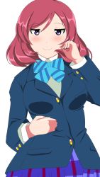 Rule 34 | 1girl, artist name, artist request, blue bow, blue bowtie, blue jacket, blue skirt, blush, bow, bowtie, breasts, doki2sdale, female focus, hair between eyes, hand on own hip, highres, jacket, long sleeves, looking at viewer, love live!, love live! school idol project, medium breasts, miniskirt, nishikino maki, otonokizaka school uniform, pink petals, plaid, plaid skirt, pleated skirt, purple eyes, red hair, school uniform, shirt, short hair, skirt, solo, striped bow, striped bowtie, striped clothes, swept bangs, white background, white shirt