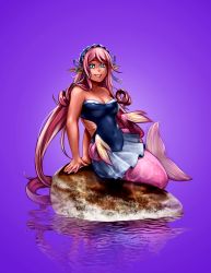 Rule 34 | 10s, 1girl, bare shoulders, blue eyes, blue one-piece swimsuit, breasts, cleavage, covered navel, fins, full body, gills, hairband, head fins, highres, large breasts, lips, long hair, maid headdress, medium breasts, mermaid, meroune lorelei, monster girl, monster musume no iru nichijou, one-piece swimsuit, pink hair, pointy ears, purple background, reflection, ringlets, scales, skirt, smile, solo, swimsuit, very long hair, voodoothur, webbed hands