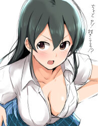 Rule 34 | 1girl, blue skirt, blush, breasts, brown eyes, cleavage, collarbone, green hair, hand on own hip, idolmaster, idolmaster cinderella girls, idolmaster cinderella girls starlight stage, leaning forward, long hair, looking at viewer, medium breasts, ohishi izumi, open mouth, plaid, plaid skirt, school uniform, shirt, short hair, simple background, skirt, solo, sousakubito, upper body, v-shaped eyebrows, white background, white shirt