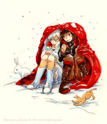 Rule 34 | 2girls, blue eyes, blush, boots, rabbit, cape, cropped jacket, cross-laced footwear, dress, english text, grey eyes, kamejikiriga, knee boots, lace-up boots, multiple girls, pantyhose, ruby rose, rwby, shared cape, shared clothes, skirt, smile, snow, snowing, warming, weiss schnee, white hair
