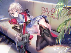 Rule 34 | 1girl, 9a-91 (girls&#039; frontline), absurdres, ass, beret, black gloves, black panties, black thighhighs, blue eyes, breasts, character name, checkered floor, commentary request, couch, covered navel, dress, elbow gloves, girls&#039; frontline, gloves, gun, hair between eyes, hair ornament, hat, unworn hat, unworn headwear, highres, holster, long hair, looking at viewer, low ponytail, lying, medium breasts, navel, on side, panties, parted lips, pottsness, red scarf, scarf, see-through, short dress, side-tie panties, silver hair, solo, submachine gun, thigh holster, thighhighs, underwear, weapon