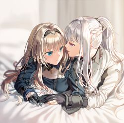 Rule 34 | 2girls, ak-12 (girls&#039; frontline), an-94 (girls&#039; frontline), bed, bed sheet, blonde hair, blue eyes, braid, closed mouth, french braid, girls&#039; frontline, gloves, hand on another&#039;s hand, headband, high ponytail, long hair, looking at another, lying, multiple girls, on stomach, open mouth, partially fingerless gloves, pink eyes, sidelocks, silence girl, silver hair, tactical clothes, yuri, zipper