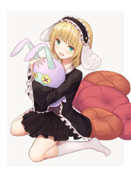 Rule 34 | 1girl, :d, black jacket, black skirt, blonde hair, button eyes, buttons, cushion, fang, frilled hairband, frilled jacket, frilled sleeves, frills, full body, green eyes, grey background, hairband, highres, htt (peaceskl), hugging object, jacket, kneehighs, kneeling, lolita fashion, lolita hairband, long sleeves, looking at viewer, medium hair, no shoes, open clothes, open jacket, open mouth, original, pleated skirt, short hair, simple background, skirt, smile, socks, solo, stuffed animal, stuffed rabbit, stuffed toy, white socks, wide sleeves