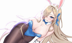 Rule 34 | 1girl, animal ears, asuna (blue archive), asuna (bunny) (blue archive), bare shoulders, black pantyhose, blue archive, blue bow, blue bowtie, blue eyes, blue leotard, blue ribbon, blush, bow, bowtie, breasts, cleavage, covered erect nipples, detached collar, elbow gloves, fake animal ears, gloves, grin, hair over one eye, hair ribbon, highres, large breasts, leotard, light brown hair, long hair, looking at viewer, lying, mole, mole on breast, on side, pantyhose, parted lips, playboy bunny, rabbit ears, ribbon, simple background, siun, smile, solo, teeth, thighs, traditional bowtie, very long hair, white background, white gloves
