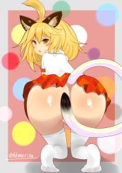 Rule 34 | 10s, animal ears, blonde hair, blush, cat ears, cat tail, fur collar, highres, kemono friends, lion (kemono friends), lion ears, lion tail, looking back, skirt, solo, tail, tame (tame-97), thighhighs