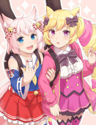 Rule 34 | 2girls, \n/, ahoge, animal ears, bell, blonde hair, blue eyes, bow, cat ears, cat girl, cat tail, detached sleeves, drill hair, fox ears, fox girl, fox tail, hair bow, highres, howan (show by rock!!), jingle bell, light blush, locked arms, long hair, looking at viewer, machikado, mashima himeko (show by rock!!), multicolored hair, multiple girls, nail polish, open mouth, pink background, pink hair, purple eyes, resolution mismatch, short hair, show by rock!!, simple background, skirt, smile, source larger, sparkle background, tail, teeth, thighhighs, twintails, upper teeth only, very long hair, white hair, yuri