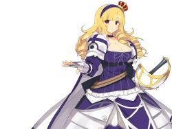 Rule 34 | 1girl, armor, belt, blonde hair, blush, breasts, cleavage, crown, dress, drill hair, evenicle, female focus, game cg, hairband, large breasts, legs, long hair, looking at viewer, natal, parted lips, purple eyes, simple background, smile, solo, standing, sword, thighs, weapon, yaegashi nan