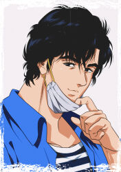 Rule 34 | 1boy, absurdres, black eyes, black hair, blue jacket, border, city hunter, closed mouth, collarbone, commentary request, grey background, highres, jacket, looking at viewer, male focus, mask, mask pull, mouth mask, saeba ryou, shirt, short hair, simple background, solo, striped clothes, striped shirt, upper body, white border, white mask, yuu (masarunomori)