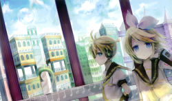 Rule 34 | 1boy, 1girl, amamizu (pixiv), aqua eyes, bad id, bad pixiv id, blonde hair, blush, brother and sister, building, city, cityscape, cloud, day, detached sleeves, hair ribbon, headphones, highres, kagamine len, kagamine rin, necktie, ponytail, ribbon, sailor collar, scenery, short hair, siblings, sky, twins, usui (tripcube), vocaloid, yellow necktie