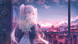 Rule 34 | 1girl, balcony, bare shoulders, blue sky, building, city, cloud, cloudy sky, cup, dress, evening, floating hair, frilled dress, frills, gradient sky, hair between eyes, hair ribbon, highres, holding, holding cup, jacket, long hair, looking at viewer, mole, mug, neck ribbon, off shoulder, original, painting (object), parted lips, phone, picture frame, pink eyes, pink ribbon, rangu, ribbon, sidelocks, sky, sleeveless, sleeveless dress, solo, spaghetti strap, twintails, white dress, white hair, white ribbon, window
