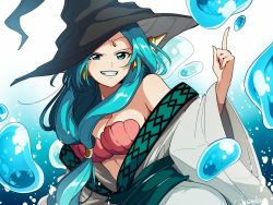 Rule 34 | 1girl, artist name, bare shoulders, black hat, blue eyes, blue hair, breasts, cleavage, hair ornament, hand up, hat, headgear, highres, index finger raised, jewelry, large breasts, long hair, looking at viewer, magi the labyrinth of magic, robe, sash, seashell, shell, shell bikini, simple background, smile, solo, tama azusa hatsu, upper body, water, water drop, wide sleeves, witch hat, yamuraiha