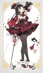 Rule 34 | 1girl, :o, arm up, bird, black hair, black pantyhose, blush, border, breasts, cape, character name, cleavage, detached sleeves, dress, earrings, english text, flower, full body, green eyes, grey border, hair flower, hair ornament, hairband, hand on own head, heart, high heels, highres, jewelry, kurosawa dia, large breasts, lolita hairband, long hair, love live!, love live! school idol festival, love live! sunshine!!, mole, mole under mouth, pantyhose, penguin, petals, print dress, qianqian, red dress, red footwear, solo, strapless, strapless dress, sword, thighband pantyhose, two-tone dress, weapon