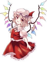 Rule 34 | 1girl, blonde hair, flandre scarlet, hat, hat ribbon, highres, looking at viewer, mob cap, open mouth, puffy short sleeves, puffy sleeves, ribbon, shirt, short sleeves, side ponytail, simple background, skirt, skirt set, smile, solo, touhou, uranaishi (miraura), vest, wings