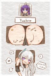 Rule 34 | 1girl, 2koma, aereist, ass, bare shoulders, black panties, black shirt, blue archive, blush stickers, body writing, cameltoe, comic, commentary, drawing (object), english commentary, english text, fang, glory wall, grey hair, highres, long hair, looking at viewer, nervous sweating, noa (blue archive), open mouth, panties, purple eyes, shirt, skin fang, smile, solo, speech bubble, star sticker, sticker, sticker on ass, stuck, sweat, through wall, underwear, yuuka (blue archive), yuuka (track) (blue archive)