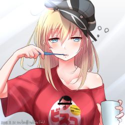 Rule 34 | 1girl, 2018, adolf hitler, alternate costume, bar censor, bismarck (kancolle), blonde hair, blue eyes, breasts, brushing teeth, casual, censored, character print, collarbone, covered eyes, cup, dated, drinking glass, facial hair, hair between eyes, half-closed eyes, hat, highres, holding, holding cup, holding toothbrush, identity censor, kantai collection, large breasts, long hair, looking at viewer, messy hair, mustache, nuka (nvkka), off shoulder, one-hour drawing challenge, parted lips, peaked cap, red shirt, shirt, sidelocks, solo, toothbrush, twitter username, upper body
