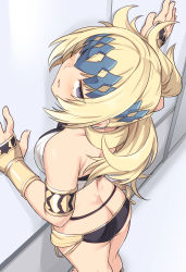 Rule 34 | 1girl, against wall, armlet, ass, back, bare shoulders, black panties, blonde hair, blush, bracer, breasts, bridal gauntlets, butt crack, diadem, fate/grand order, fate (series), halterneck, hand on wall, jewelry, looking at viewer, looking up, medium breasts, medium hair, open mouth, panties, parted lips, pollux (fate), purple eyes, shiseki hirame, standing, thighs, underwear