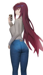 Rule 34 | 1girl, absurdres, ass, blush, breasts, cellphone, denim, fate/grand order, fate (series), from behind, highres, hood (james x), jeans, large breasts, long hair, pants, pantylines, phone, purple hair, red eyes, scathach (fate), scathach (fate), shirt, sideboob, skin tight, solo, very long hair