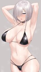 Rule 34 | 1girl, absurdres, armpits, arms behind head, arms up, bikini, black bikini, black choker, blue eyes, blush, breasts, choker, cleavage, commentary request, grey background, grey hair, hair ornament, hair over one eye, hairclip, hamakaze (kancolle), highres, kantai collection, large breasts, looking at viewer, navel, one eye covered, paid reward available, parted lips, sateridas, short hair, sideboob, simple background, solo, stomach, swimsuit