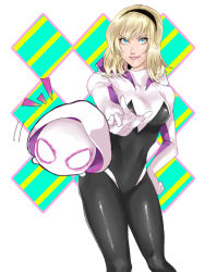 Rule 34 | 1girl, ^^^, animification, blonde hair, blue eyes, bodysuit, breasts, closed mouth, disney tsum-tsum, gii (bu-chaka), gwen stacy, hairband, hand on own hip, hood, hood down, hooded bodysuit, looking at viewer, marvel, mask, short hair, simple background, skin tight, smile, solo, spider-gwen, spider-man (series), spider web print, superhero costume