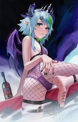 Rule 34 | 1girl, absurdres, alcohol, ass, black choker, black nails, bottle, bra, breasts, apricot the lich, choker, commentary, crotch seam, demon girl, demon horns, demon wings, earrings, english commentary, fishnet pantyhose, fishnets, green hair, hair ornament, hand on own ass, highres, horn piercing, horns, jewelry, looking at viewer, medium breasts, multicolored hair, multiple horns, nail polish, open mouth, panties, pantyhose, pointy ears, purple bra, purple nails, purple panties, short hair, short hair with long locks, skull print, stealcoffins, streaked hair, thigh strap, tiara, underwear, virtual youtuber, vshojo, wine bottle, wings