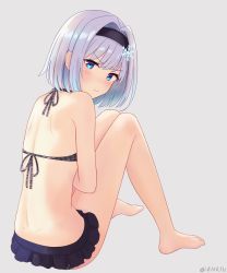 Rule 34 | 10s, 1girl, 410khz, back, bare legs, barefoot, bikini, bikini skirt, black bikini, black hairband, blue eyes, blush, closed mouth, commentary request, feet, frown, full body, grey background, hair ornament, hairband, halterneck, highres, looking at viewer, looking to the side, ryuuou no oshigoto!, silver hair, simple background, sitting, snowflake hair ornament, solo, sora ginko, swimsuit, twitter username