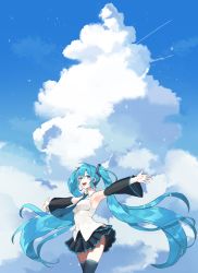 Rule 34 | 1girl, absurdres, armpits, bare shoulders, belt, black skirt, black thighhighs, blouse, blue eyes, blue hair, blue necktie, blue sky, breasts, cannyu, clothes lift, cloud, cloudy sky, collared shirt, contrail, contrapposto, cumulonimbus cloud, day, detached sleeves, eyelashes, feet out of frame, fingernails, floating hair, hair between eyes, hatsune miku, highres, light particles, long hair, looking at viewer, medium breasts, necktie, open mouth, outdoors, outstretched arms, pale skin, pleated skirt, see-through, see-through sleeves, shirt, sideboob, sidelocks, skirt, skirt lift, sky, sleeveless, sleeveless shirt, smile, solo, sparkle, teeth, thighhighs, thighs, tie clip, twintails, upper teeth only, very long hair, vocaloid, white shirt, wide shot, wind, wind lift, zettai ryouiki