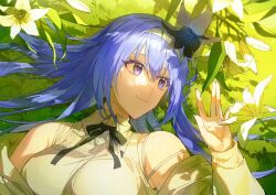 Rule 34 | 1girl, black flower, blue hair, breasts, closed mouth, crossed bangs, day, flower, from above, grass, hair between eyes, hair intakes, hair spread out, hairband, highres, idolmaster, idolmaster shiny colors, jacket, large breasts, long hair, long sleeves, looking to the side, lying, off shoulder, on back, outdoors, portrait, purple eyes, qinglai haiji, shadow, shirt, sidelocks, sleeveless, sleeveless shirt, smile, solo, strap slip, suzuki hana, white flower, white hairband, white jacket, white shirt