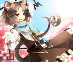Rule 34 | 1girl, animal ears, bad id, bad pixiv id, basket, belt, blue sky, capelet, cherry blossoms, day, dowsing rod, female focus, gem, grey hair, holding, holding with tail, jewelry, long sleeves, mouse (animal), mouse ears, mouse tail, nazrin, necklace, open mouth, pendant, prehensile tail, red eyes, sayuma, shirt, skirt, skirt set, sky, smile, solo, tail, touhou, tree