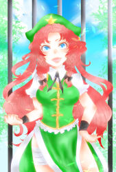 Rule 34 | 1girl, bandaged leg, bandages, beret, blue eyes, braid, chinese clothes, collared shirt, colored eyelashes, fang, gate, hair ribbon, hand on own hip, hat, highres, hong meiling, long hair, looking at viewer, neck ribbon, open mouth, outdoors, parted bangs, pelvic curtain, puffy short sleeves, puffy sleeves, red hair, ribbon, shirt, short sleeves, side slit, solo, star (symbol), tangzhuang, touhou, tress ribbon, twin braids, wristband