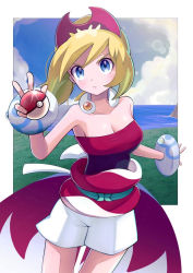 Rule 34 | 1girl, act (act 1113), blonde hair, blue eyes, breasts, cleavage, closed mouth, cloud, collar, collarbone, commentary, creatures (company), day, eyelashes, game freak, hand up, hat, holding, holding poke ball, irida (pokemon), jewelry, looking at viewer, neck ring, nintendo, outdoors, poke ball, poke ball (basic), pokemon, pokemon legends: arceus, red shirt, sash, shirt, shorts, sky, solo, strapless, strapless shirt, w, white shorts