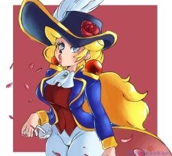 Rule 34 | 1girl, artist name, blonde hair, blue eyes, breasts, earrings, female focus, hat, jewelry, large breasts, lips, long hair, mario (series), nintendo, pants, ponytail, princess peach, princess peach: showtime!, rapier, sword, swordfighter peach, text focus, theprincesskari, thick thighs, thighs, tight clothes, tight pants, weapon