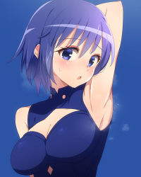 Rule 34 | 1girl, :o, arm up, armpits, bare shoulders, blue background, blue dress, blue eyes, blue hair, blush, breasts, ciel (tsukihime), clothing cutout, dress, highres, itsuka neru, large breasts, looking at viewer, powered ciel, short hair, simple background, sleeveless, sleeveless dress, solo, steaming body, sweatdrop, tsukihime, tsukihime (remake), upper body