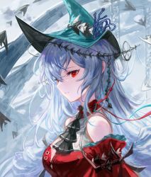 Rule 34 | 1girl, abstract background, aqua hat, arknights, ascot, bare shoulders, black ascot, collar, detached collar, dress, from side, hat, highres, long hair, long sleeves, official alternate costume, parted lips, red collar, red dress, red eyes, silver hair, skadi (arknights), skadi the corrupting heart (arknights), solo, spacelongcat, upper body, white background