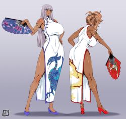 2girls breasts chinese_clothes dark-skinned_female dark_skin donson highres large_breasts long_hair multiple_girls ryoko_(donson) yuria_(donson)