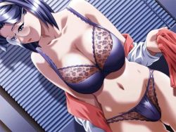 Rule 34 | 00s, 1girl, bra, breasts, cleavage, dutch angle, game cg, glasses, hairband, huge breasts, jpeg artifacts, lace, lace-trimmed bra, lace-trimmed panties, lace trim, lingerie, lingeries, lingeries office, lipstick, makeup, midriff, miura takehiro, navel, off shoulder, office lady, panties, purple bra, purple hair, purple panties, sakurai chisa, short hair, solo, standing, underwear, undressing, window blinds