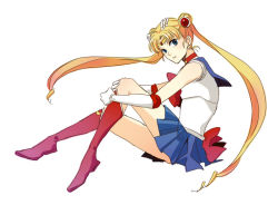 Rule 34 | 1990s (style), 1girl, bad id, bad pixiv id, bishoujo senshi sailor moon, blonde hair, blue eyes, blue sailor collar, blue skirt, boots, bow, full body, knee boots, long hair, magical girl, red bow, retro artstyle, sailor collar, sailor moon, shiro96, simple background, skirt, solo, tsukino usagi, twintails, white background