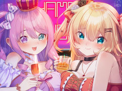 Rule 34 | 2girls, :d, akai haato, akai haato (gothic lolita), asymmetrical docking, blonde hair, blue eyes, breast press, breasts, candy hair ornament, crown, cup, food-themed hair ornament, green eyes, hair between eyes, hair ornament, heart, heart-shaped pupils, heart hair ornament, heterochromia, highres, himemori luna, himemori luna (1st costume), holding, holding cup, hololive, large breasts, long hair, magowasabi, multiple girls, open mouth, purple eyes, purple hair, signature, smile, symbol-shaped pupils, twitter username, two side up, virtual youtuber, x hair ornament
