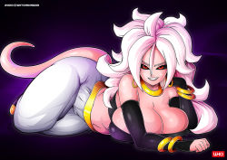 Rule 34 | &gt;:d, 1girl, :d, ahoge, android 21, baggy pants, bandeau, black nails, black sclera, bracelet, breasts, cleavage, colored sclera, colored skin, detached sleeves, dragon ball, dragon ball fighterz, earrings, harem pants, hoop earrings, jewelry, large breasts, long hair, looking at viewer, majin (race), majin android 21, nail polish, navel, open mouth, pants, pink skin, pointy ears, red eyes, skindentation, smile, solo, strapless, tail, tube top, v-shaped eyebrows, very long hair, white hair, witchking00