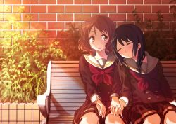 Rule 34 | 10s, 2girls, bench, black hair, brick wall, brown eyes, brown hair, closed eyes, head on another&#039;s shoulder, hibike! euphonium, holding hands, kousaka reina, leaning on person, leaning to the side, long hair, multiple girls, neckerchief, oumae kumiko, park bench, plant, red neckerchief, school uniform, serafuku, short hair, side-by-side, sitting, sleeping, sleeping on person, tabata mihira, yuri