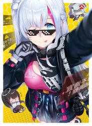 Rule 34 | 1girl, absurdres, black shirt, blue eyes, closed mouth, clothes lift, deal with it (meme), explosive, feet out of frame, from above, girls&#039; frontline, girls&#039; frontline neural cloud, gloves, grenade, hair ornament, highres, jwthor, licking lips, long hair, looking at viewer, mdr (girls&#039; frontline), meme, multicolored hair, one eye closed, pink sports bra, selfie, shirt, shirt lift, silver hair, smile, solo, sports bra, standing, tongue, tongue out, white gloves
