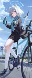 Rule 34 | 1girl, absurdres, animal ears, assault rifle, bag, bicycle, blue archive, blue eyes, blue scarf, blurry, blurry foreground, cat ears, cityscape, cloud, cross hair ornament, drink, full body, gloves, green gloves, grey hair, gun, hair ornament, halo, highres, holding, kneehighs, light blush, long sleeves, looking at viewer, mismatched pupils, outdoors, parted lips, plaid, plaid skirt, railing, rifle, road, road sign, scarf, school bag, school uniform, shiroko (blue archive), shoes, short hair, sidelocks, sig sauer, sig sauer 556, sign, silvertsuki, skirt, sky, socks, solo, thighs, weapon, white socks